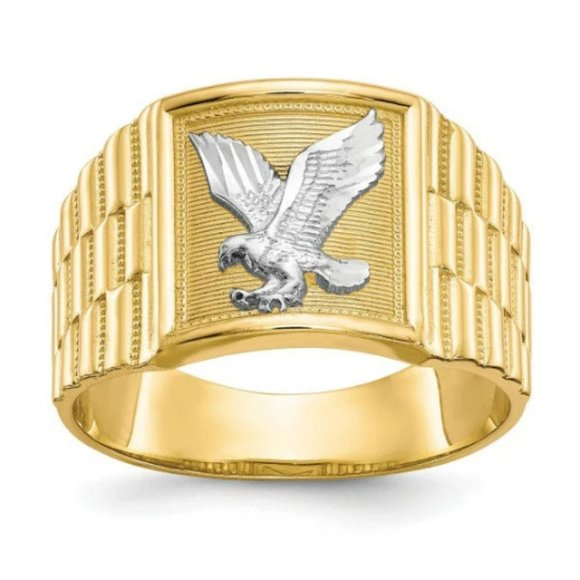 14K Yellow Gold Men's Eagle Ring #10 / Gold Eagle Ring for Men's / Two Tone Ring - Picture 1 of 8